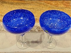 2 Large Hand Blown Blue Margarita Glasses Millefiore Murano Style 20 oz Capacity