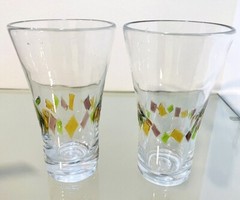 2 Hand Blown Art Glass Tumblers Applied Glass Tiles Yellow Green Purple 6.25” T