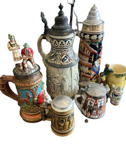 Vintage Gerz Germany Beer Stein Lot of 6 Pewter Lidded Ceramic Bavarian Collect