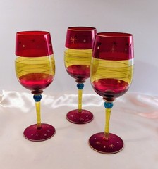 Water Goblets Set of 3 Pier 1 Festive Stripe Party Wine Gold Accents 9.25″ READ