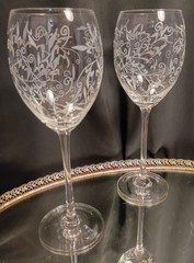 2 Tall Lacy White Scroll Etched Wine Glasses Goblets Pair Set