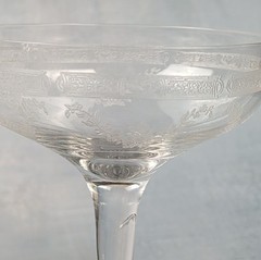 Vintage Etched Floral Swag Garland Champagne Coupe Cocktail Glasses Set Elegant