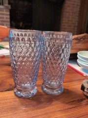 Pair Of Villeroy And Boch Blue High Ball Tumblers In Diamond Faceted Design