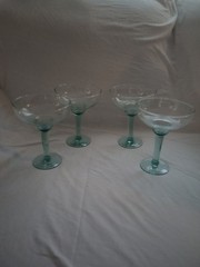 Vintage Large Hand Blown Green/Teal Glass Margarita/Cocktail Glasses- Set Of 4