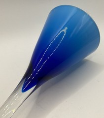 Vtg Cobalt Blue White Cased Clear Stem Blown Wine/Champane Glass, 8 5/8”Moretti?
