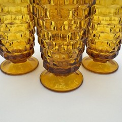 Set Of 4 Vintage Indiana Glass Whitehall Cubist Amber Footed Iced Tea Glasses (B