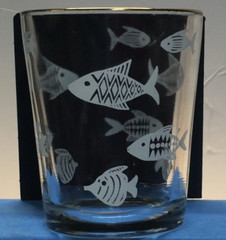 Atomic MCM Fish Salt Water White Gold Rim Drinking Glass Bar Whiskey 3.25″ 6oz