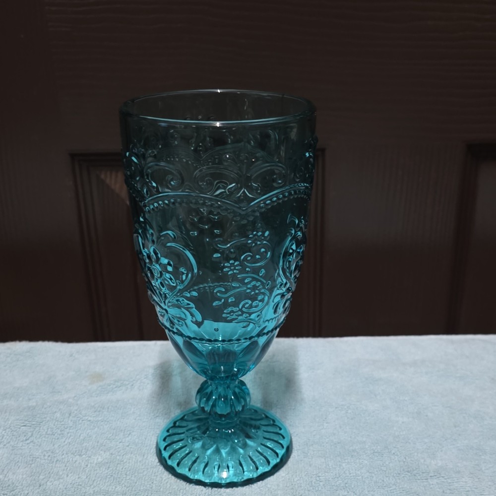 Pioneer Woman Blue Pressed Glass Decorated Goblet Glossy Round Drinkware