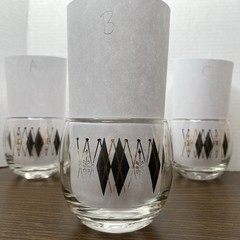 Vintage Federal Glass MCM Gold Black Harlequin Roly Poly Atomic Set of 3 Barware