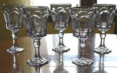 Vintage FOSTORIA VIRGINIA Set 5 Water Glasses SMOKEY GREY Hexagonal Panels 7.25″