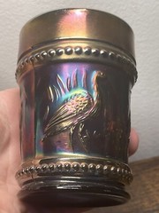Vintage Dugan Iridescent Cobalt Blue Carnival Glass Tumbler Stork Rushes Beaded