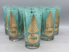 Vintage MCM 8-Glass Set by Cera Glass Atomic Christmas Reindeer by Ned Harris