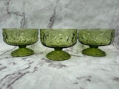 3 Vintage Anchor Hocking Lido Milano Green Sherbet Dessert Dish Crinkle Glass