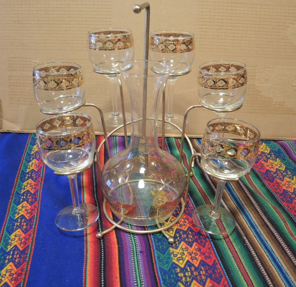 Mid Century Wine / Cocktail Glasses + Decanter Set — Culver Valencia 22K Gold