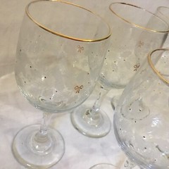 Vintage Libbey Frosted Christmas Holly and Berry Wine Glasses Goblets Gold Bows