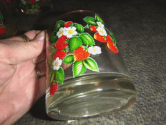 4 Old Fashioned Rocks Drinking Glasses Tumblers Strawberries Blossoms Gold Rim