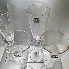 RARE/HTF Set (4) HOYA Crystal Champagne Wine Flutes Glasses w/Gold Trim/Accents
