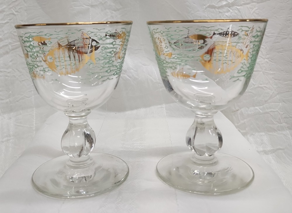 Libbey Marine Life Sherry Glasses Fish Seahorse Gold Aqua – Set of 2 – Vintage