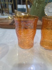 Set of 5 Vintage MCM Amber Crackle Glass Tumblers Marigold Iridescent Finish