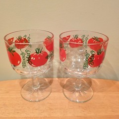 Vintage 1970s Bloody Mary Red Tomato Cocktail Goblet Barware Glasses Set of 2