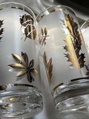 Vtg Libbey Frosted Gold Leaf Set Of 4 Glasses Tumblers MCM Barware Highball Gift