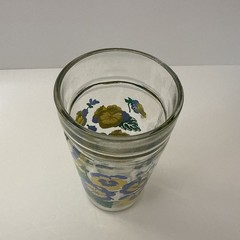 Vintage MCM Anchor Hocking Blue & Yellow Pansy Jelly Jar Tumbler Glass 6” H