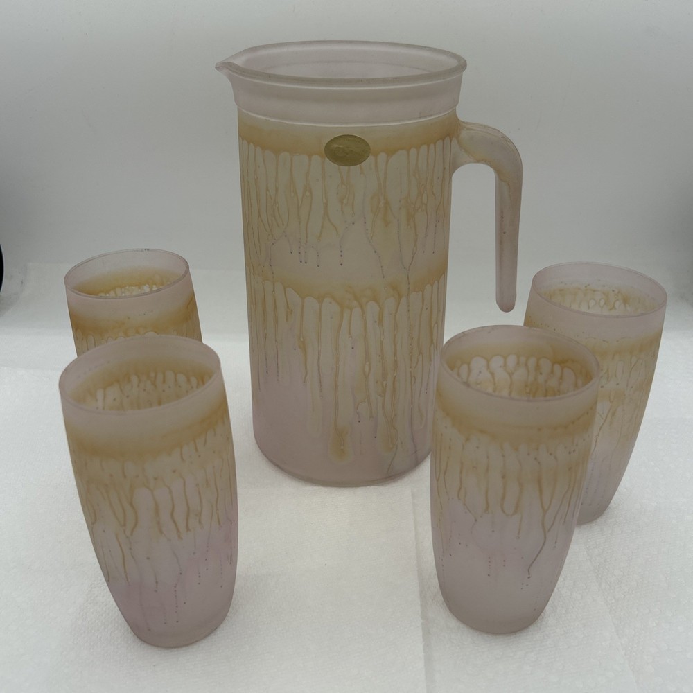 Rueven Art Nouveau Hand Painted Pitcher and 4 Glasses peach drip