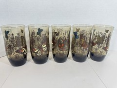 Vintage 5 Butterfly Tumblers Glass Anchor Hocking Smokey Brown 1970s MCM