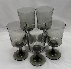 Libbey Smoke Gray Optic Swirl Water Goblets Set 5 Wine Glass Vintage MCM 1970s
