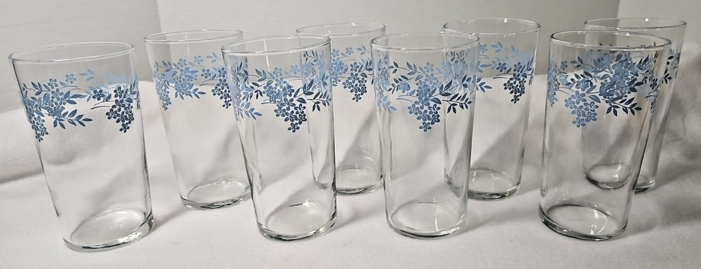 Vintage Libbey Blue Flower Floral Drinking Glasses Set of 8