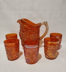 Imperial Carnival Glass Marigold Rubigold Grape Vine Pitcher With 5 Tumblers Set
