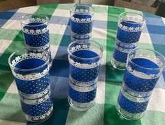 6 Vintage Anchor Hocking Tall Drinking Glasses Blue & White Polka Dots & Lace