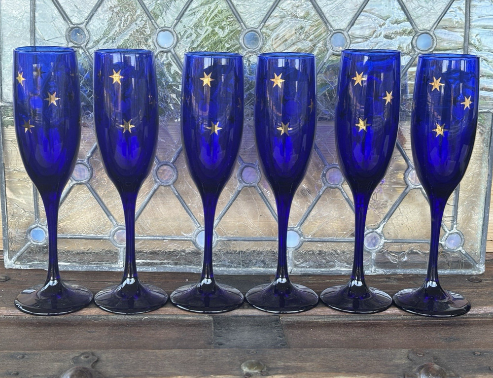 Vintage Libbey Cobalt Blue Champagne Flutes with Gold Stars Stemware Set of 6