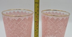 Vintage Rakle Omega Pink Greek Key Tumblers Set of 2 Gold Rim Drinking Glasses