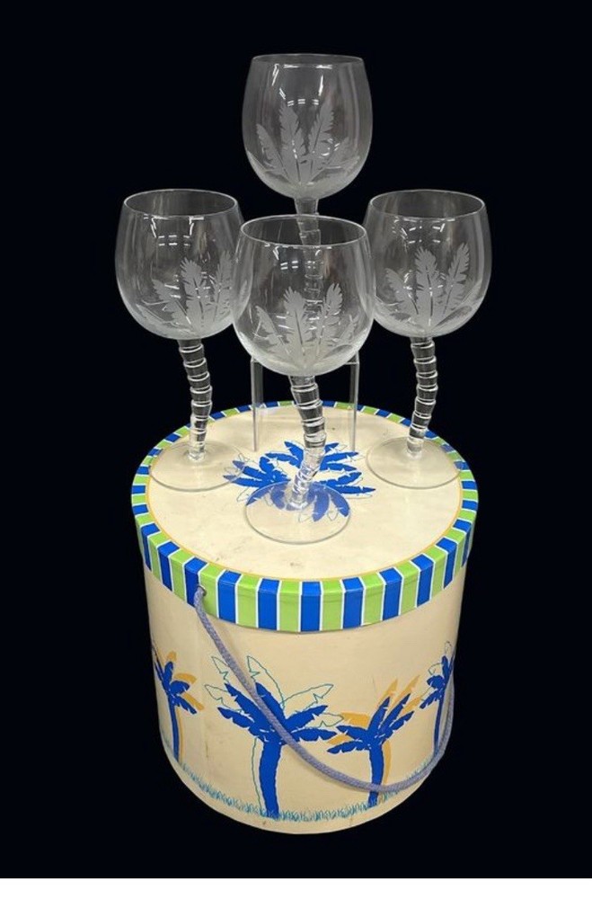 Vintage Coldwater Creek Frosted Palm Tree Wine Glasses Curved Stems, Set Of 4