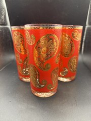 Culver Paisley 22K Gold & Red Highball Drinking Glasses Barware Vintage MCM 5