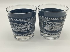 Royal China Currier & Ives Blue and White Old Fashion Glasses w/Horse Carriage