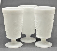 3 Milk Glass Grape Design Water /Ice Tea Footed Tumbler 12oz 5.75″ Vintage