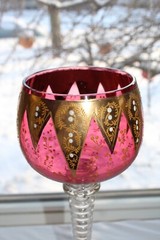 Antique Moser Cranberry Red Enameled Raised Gold Glass Goblet 14″