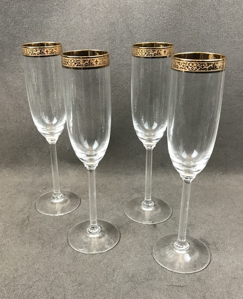 4 LENOX AUTUMN WIDE BAND ENCRUSTED GOLD TRIM CHAMPAGNE FLUTES GLASSES GLASS