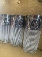 CULVER . SET OF 5 Vintage Highball Glasses MCM Barware Embossed Silver Trim