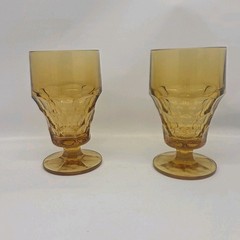 2 Vintage Indiana Honeycomb Gold Amber Tall Footed Water Glass-5.5″ Tall