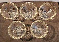 Five Vintage Clear Depression Era Sorbet Bowls with Ribbed Design Starburst Base