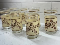 Libbey Tumbler Glasses (7) 16 oz Partridge Quail Bird Brown & Cream Crackle VTG