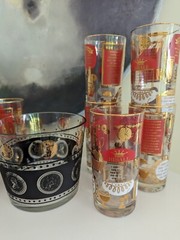 Vintage Jeannette Glasses, Lot of 9, Gold & Red Cocktail Recipe Barware MCM
