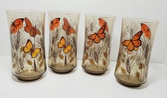 Set Of 4 Vtg Libby Drinking Juice Glass Monarch Butterfly Wheat Orange MCM EUC