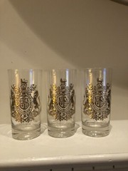Cera Gold Lion Unicorn Crest Vintage MCM Hi Ball Set of 3 Glass Drinking Glasses