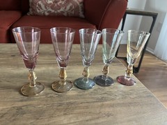 Vintage Lubiana 5″ Stem Wine Sherry Glasses Colorful w/ Gold Flecks In Glass