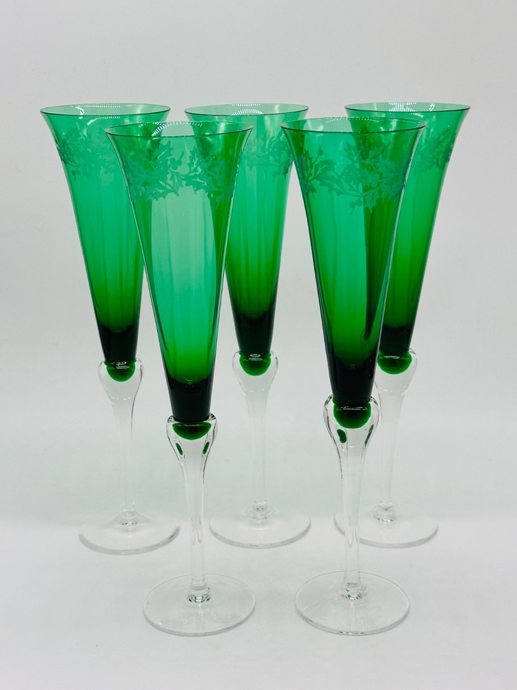 5 Lenox Holiday Gems Emerald Green Toasting Champagne Flutes 11″ Etched Holly