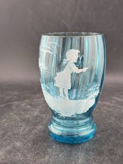 Antqiue Light Blue Mary Gregory Glass Hand Painted Tumbler Ribbed Gold Rim
